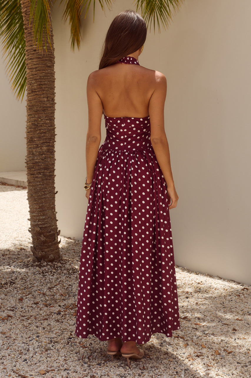 SAMMI HALTER MIDI DRESS - WINE/WHITE POLKA