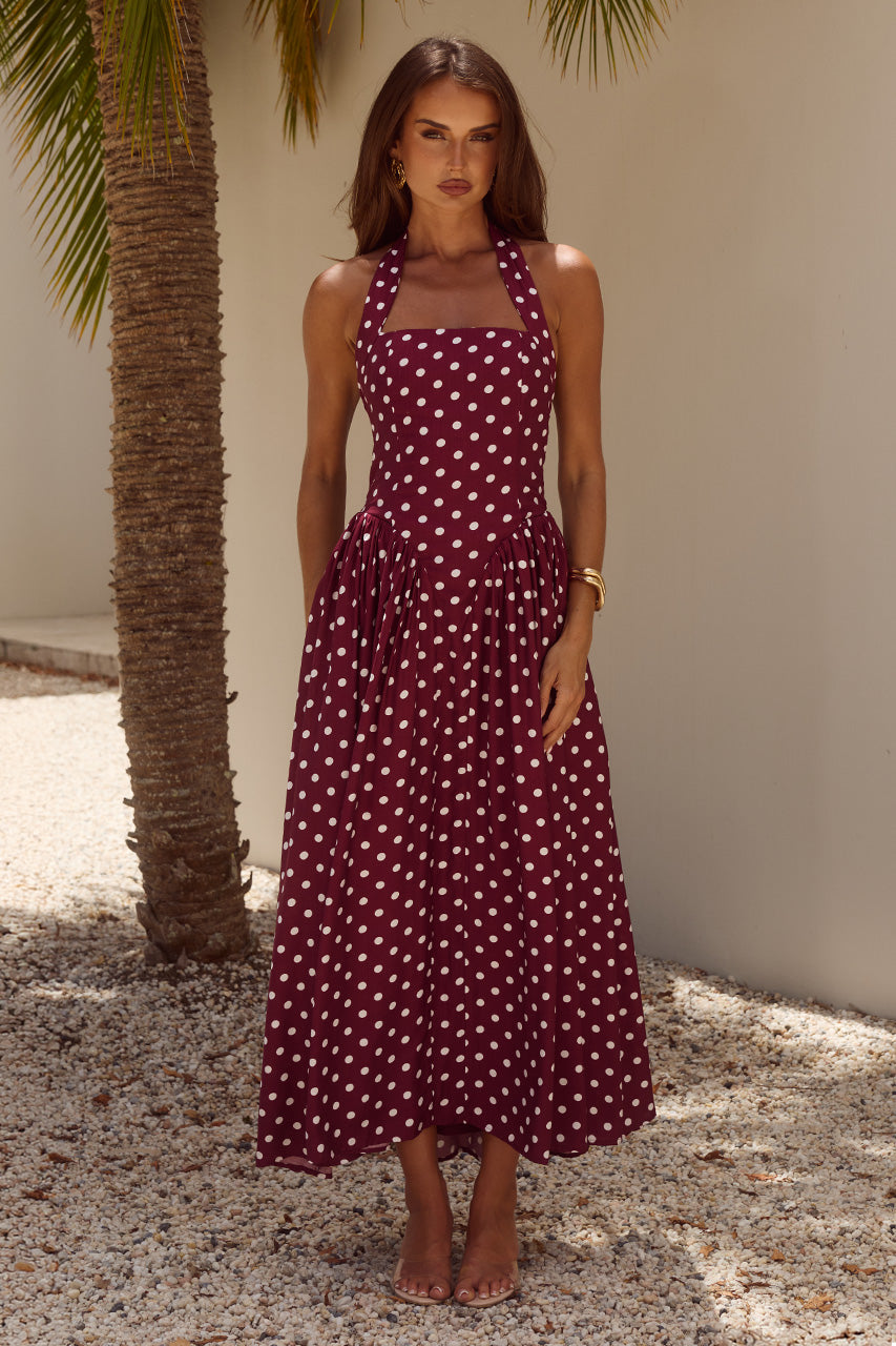 SAMMI HALTER MIDI DRESS - WINE/WHITE POLKA