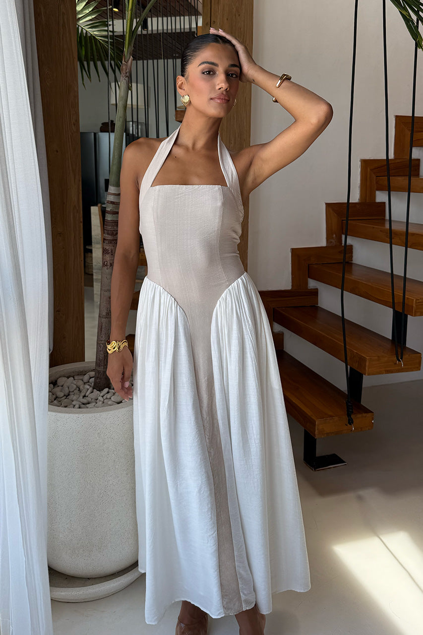 SAMMI MIDI DRESS - SAND/WHITE - SAMMIMIDIDRESSWHITESAND1