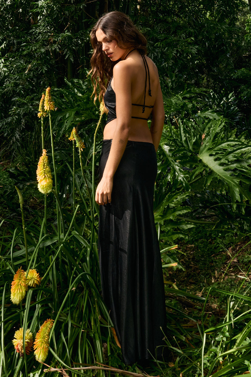 RODIE LOW WAISTED GODET MAXI SKIRT - BLACK