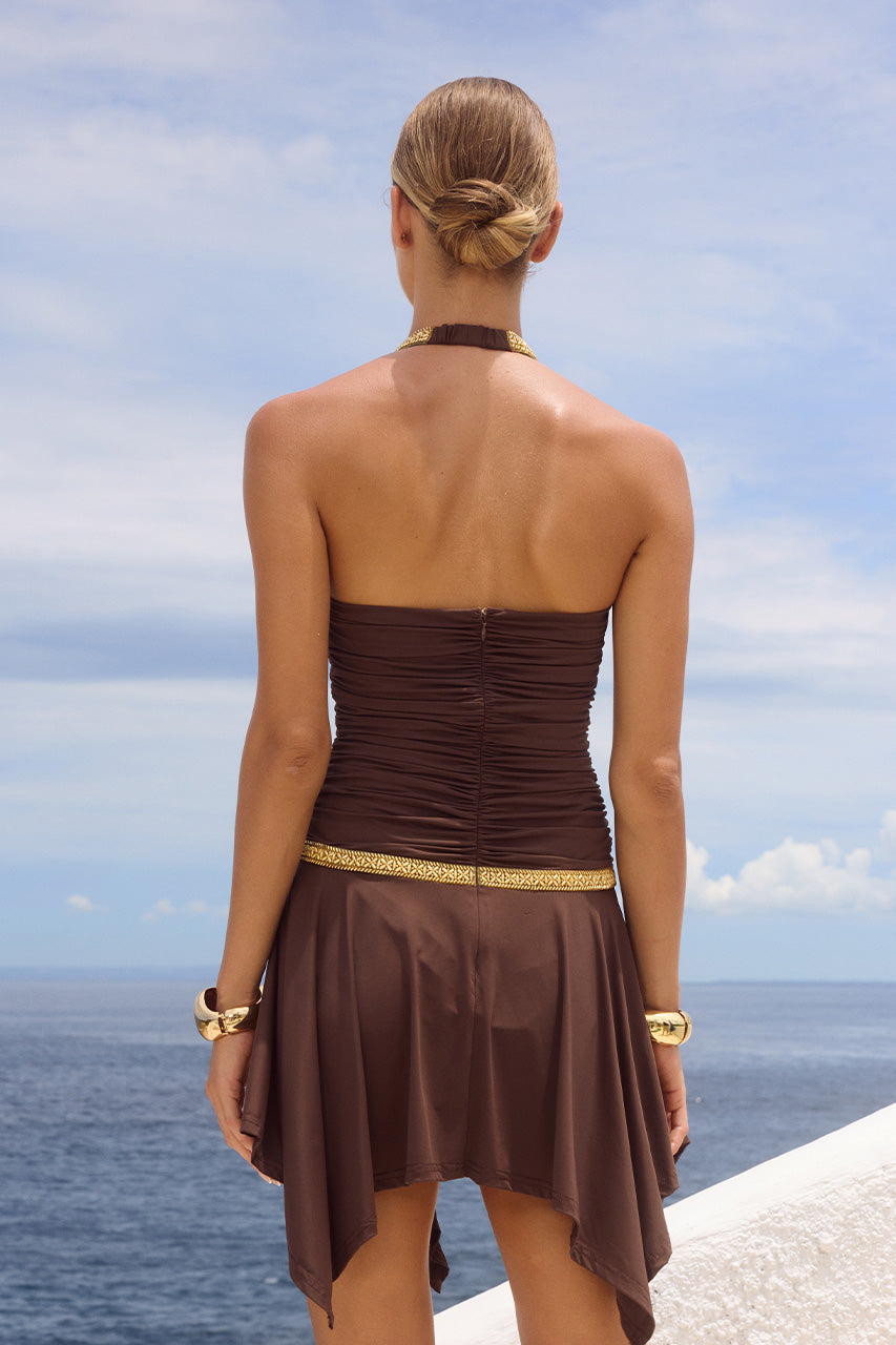 SHAE RUCHED MINI DRESS - BITTER CHOCOLATE - SHAERUCHEDMINIDRESSBITTERCHOCOLATE