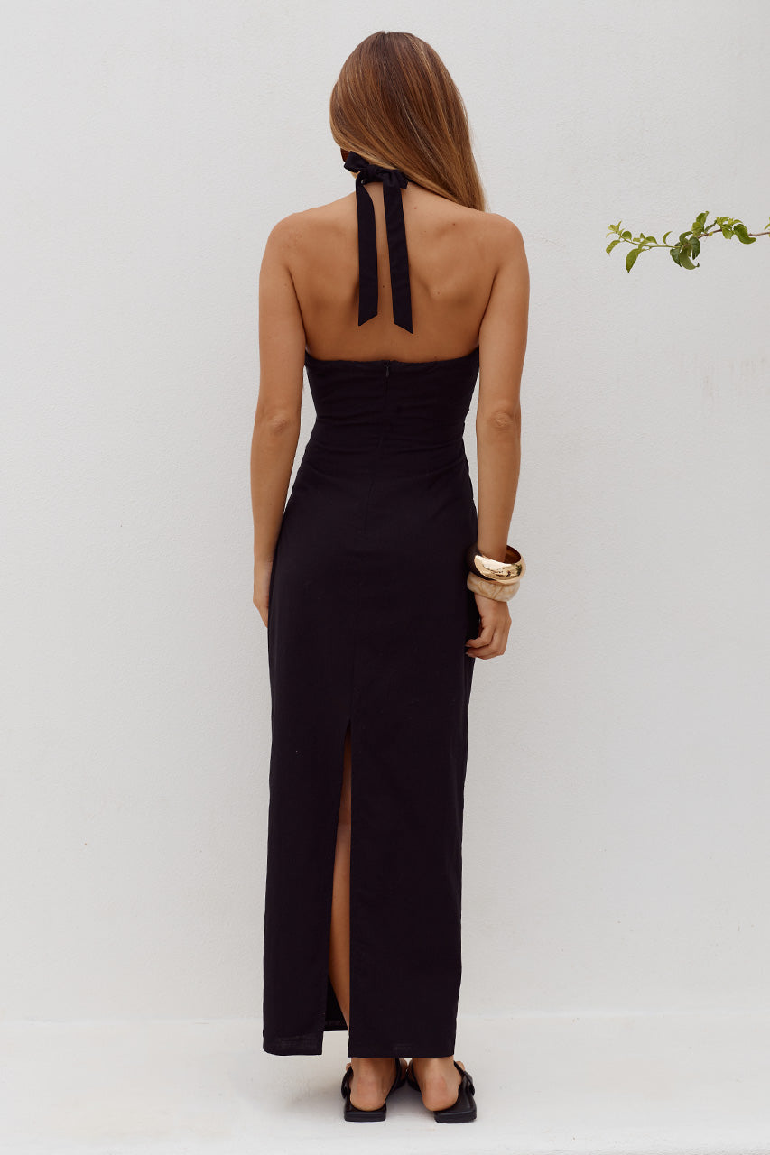 SHELLIE KEYHOLE HALTER MIDI DRESS - BLACK