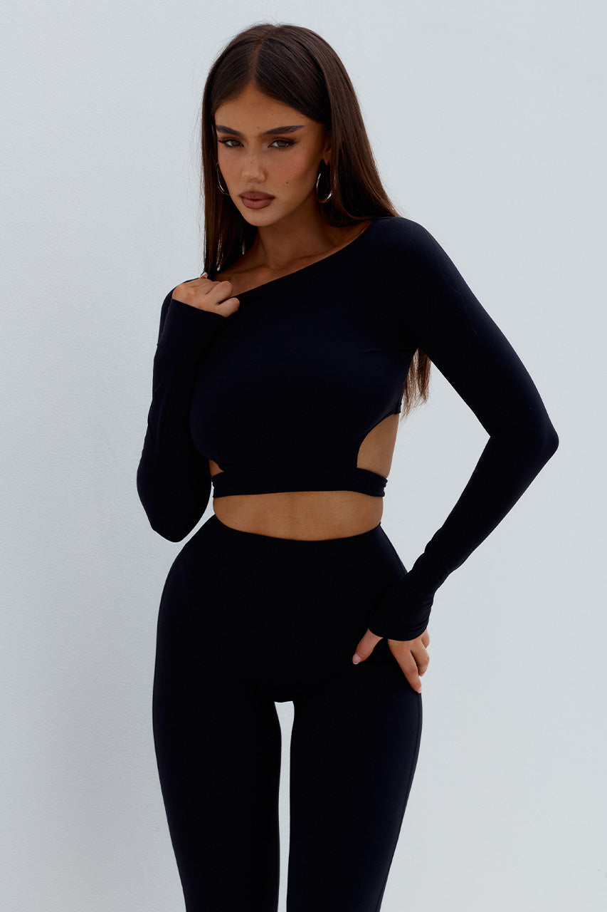 SJANA LONG SLEEVE TIE TOP - BLACK - SJANALONGSLEEVETIETOPxKIARAHIGHRISEFLAREDLEGGINGS-BLACK-1