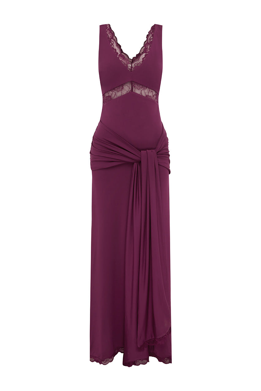 SOPHIA V-NECK LACE TRIM MAXI DRESS - PLUM - SOPHIAV-NECKLACETRIMMAXIDRESS-PLUM