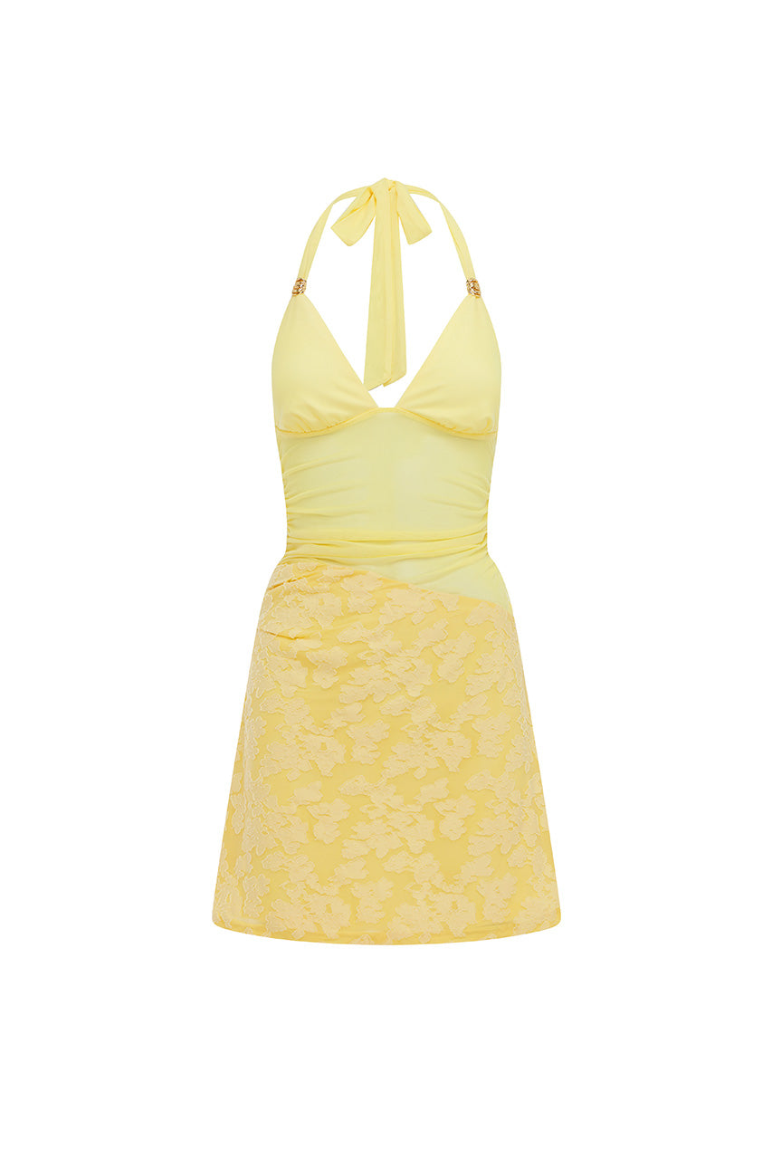 SUNI HALTER CUTOUT MINI DRESS - LEMON - SUNIHALTERCUTOUTMINIDRESS-LEMON