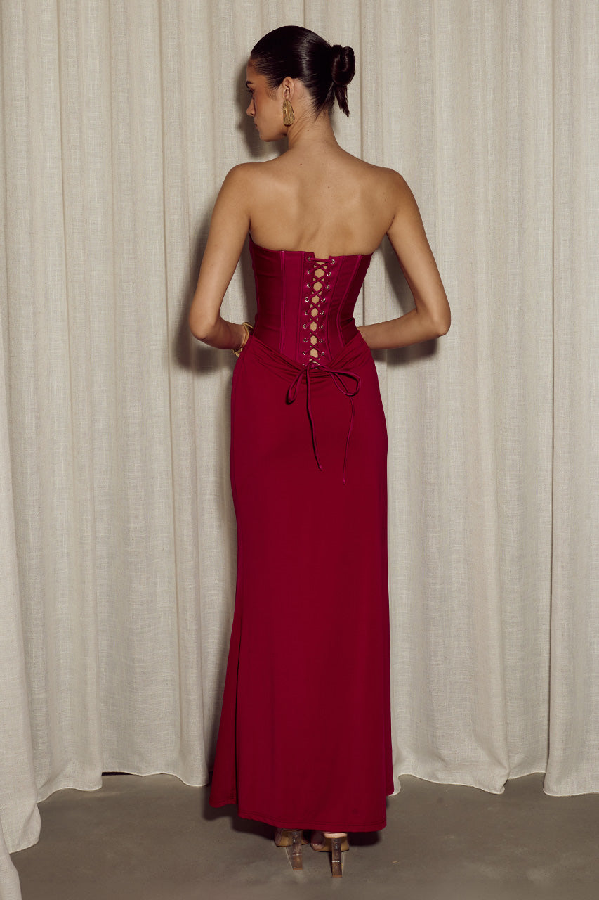 TALEAH STRAPLESS CORSET MAXI DRESS - CHERRY