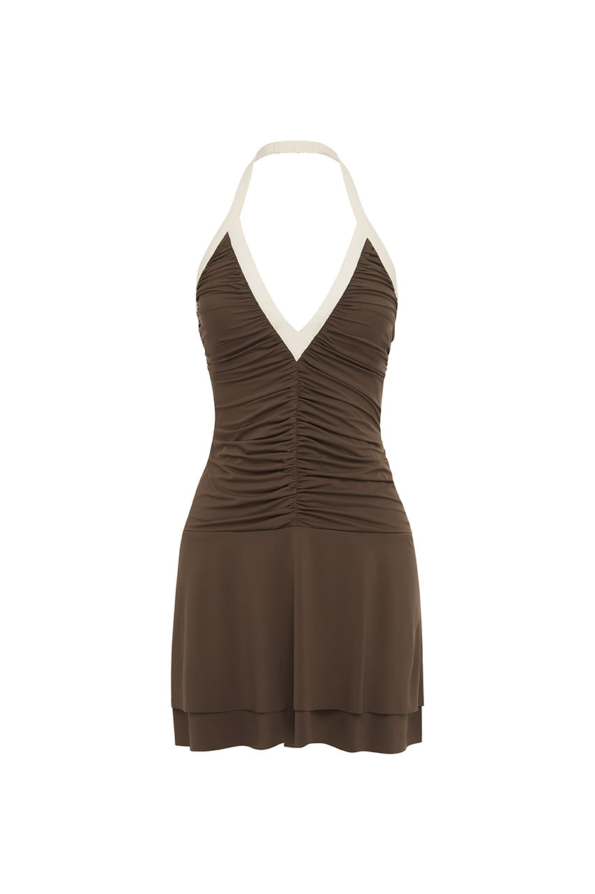 TAMINO HALTER RUCHED MINI DRESS - CHOCOLATE/WHITE - TAMINOHALTERRUCHEDMINIDRESS-CHOCOLATE_WHITE