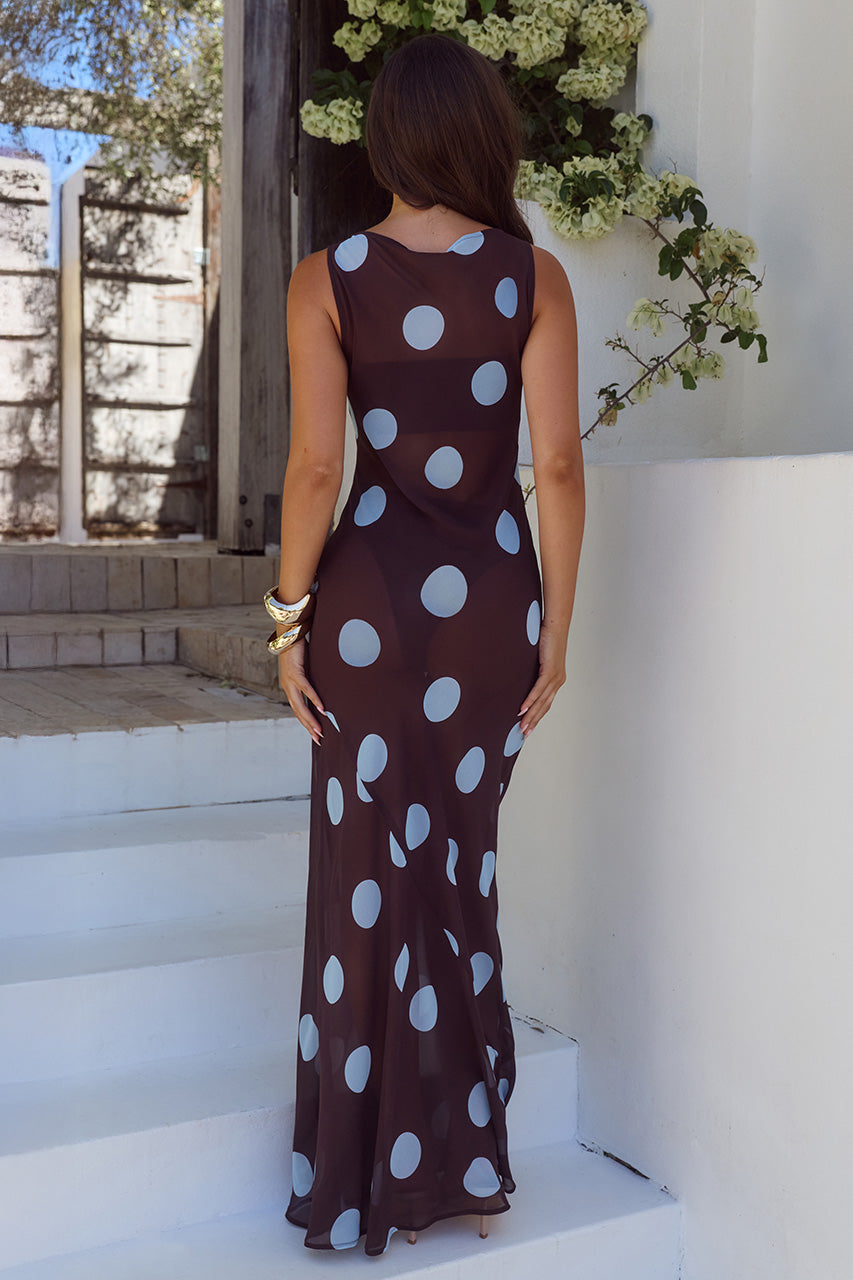 TERA HIGH NECK MAXI DRESS - CHOC/SKY BLUE POLKA