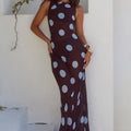 TERA HIGH NECK MAXI DRESS - CHOC/SKY BLUE POLKA
