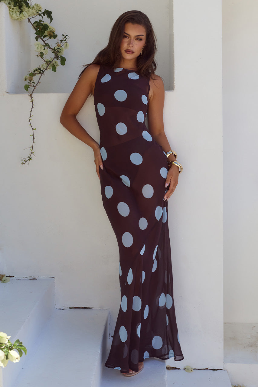 TERA HIGH NECK MAXI DRESS - CHOC/SKY BLUE POLKA