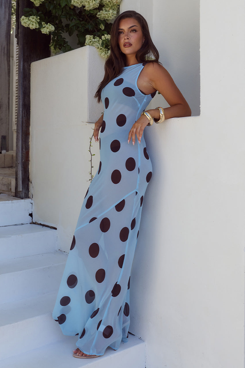 TERA HIGH NECK MAXI DRESS - SKY BLUE/CHOC POLKA - TERAHIGHNECKMAXIDRESS-SKYBLUECHOCPOLKA-01