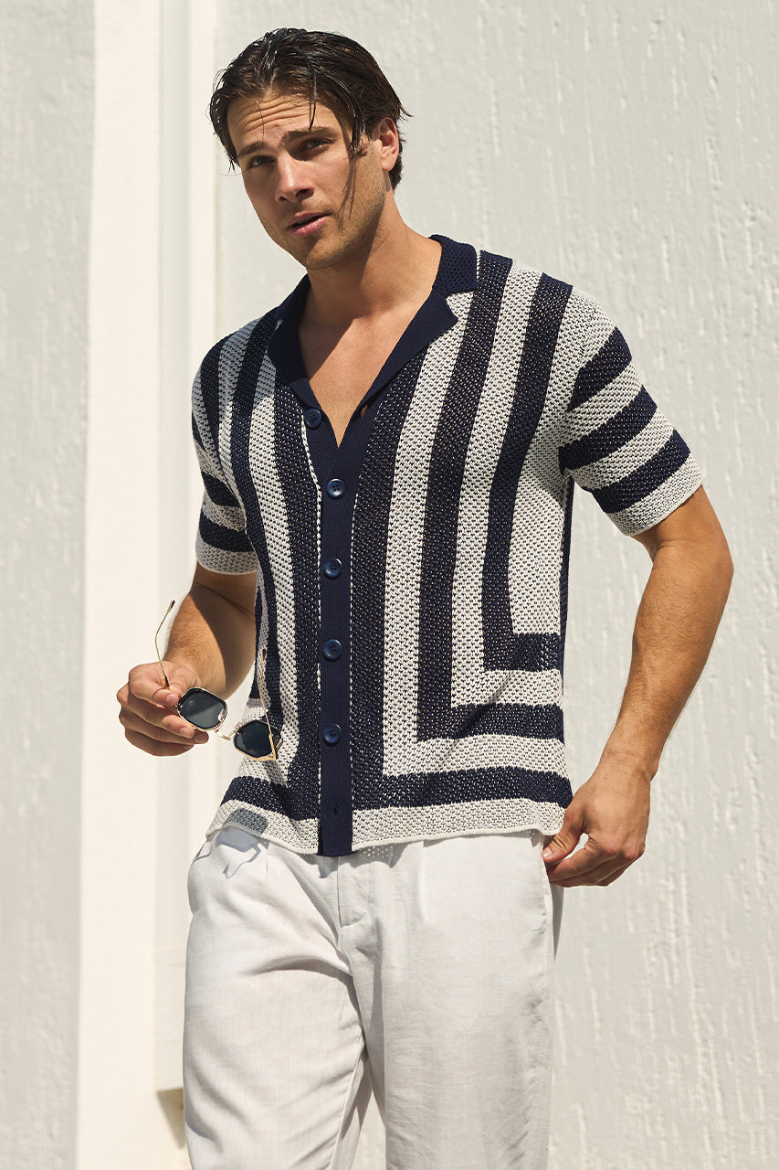 THEO KNIT SHIRT - NAVY/WHITE - THEOSHORTSLEEVEKNITSHIRT-WHITENAVYXOSCARPANTWHITE