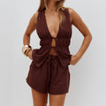 TILKA ELASTICATED TIE WAIST SHORTS - CHOCOLATE