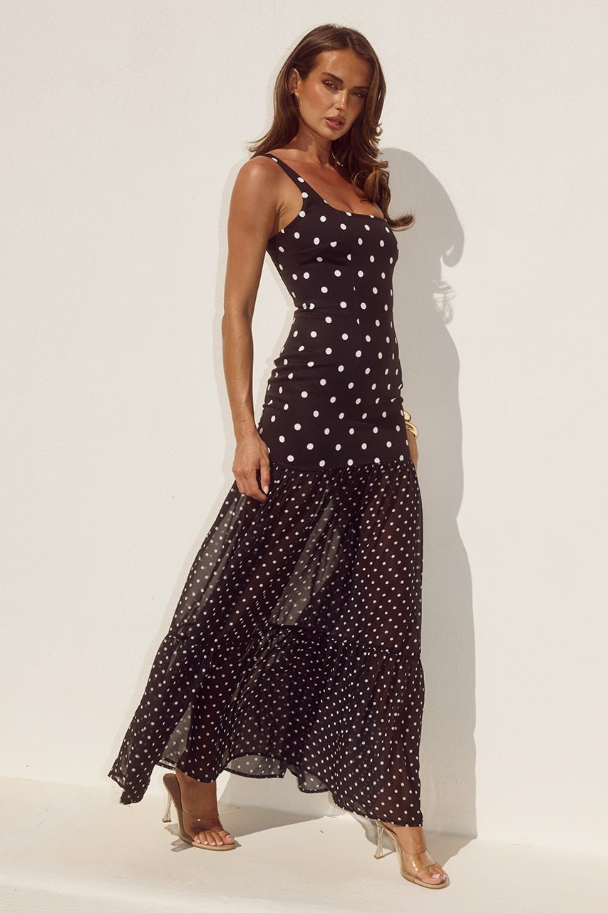 TILLIE SHEER BOTTOM MAXI DRESS - BLACK/WHITE POLKA - TILLIESHEERBOTTOMBOTTOMMAXIDRESS