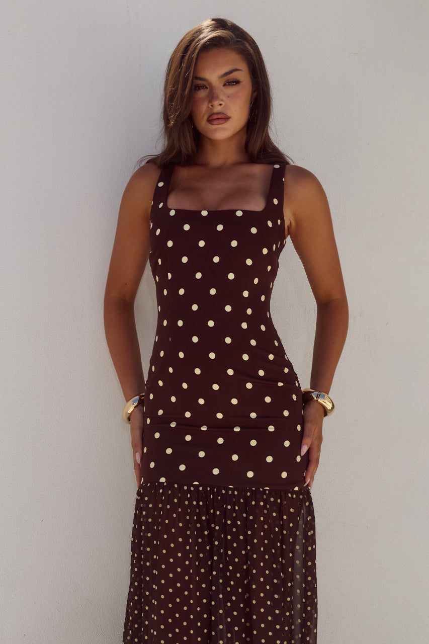 TILLIE SHEER BOTTOM MAXI DRESS - CHOC/LEMON POLKA - TILLIESHEERBOTTOMMAXIDRESS-CHOCLEMONPOLKA-1