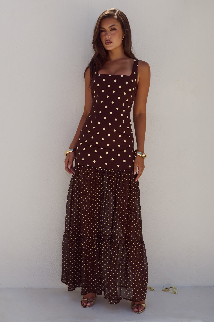 TILLIE SHEER BOTTOM MAXI DRESS - CHOC/LEMON POLKA - TILLIESHEERBOTTOMMAXIDRESS-CHOCLEMONPOLKA