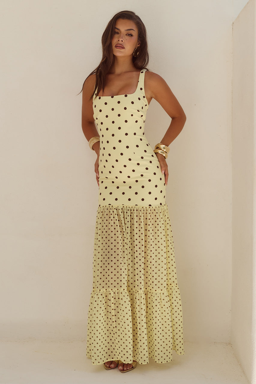 TILLIE SHEER BOTTOM MAXI DRESS - LEMON/CHOC POLKA XXL - TILLIESHEERBOTTOMMAXIDRESS-LEMONCHOCPOLKA-01