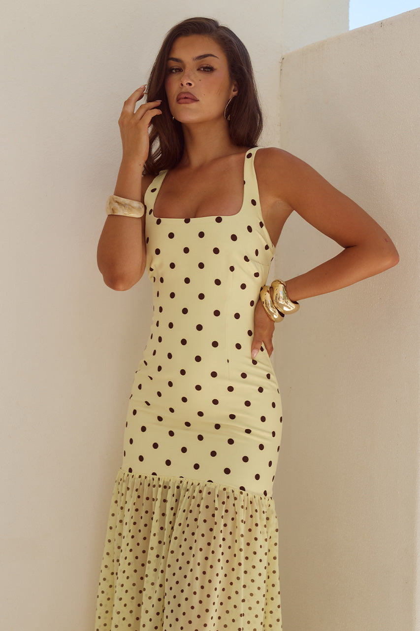 TILLIE SHEER BOTTOM MAXI DRESS - LEMON/CHOC POLKA - TILLIESHEERBOTTOMMAXIDRESS-LEMONCHOCPOLKA-03