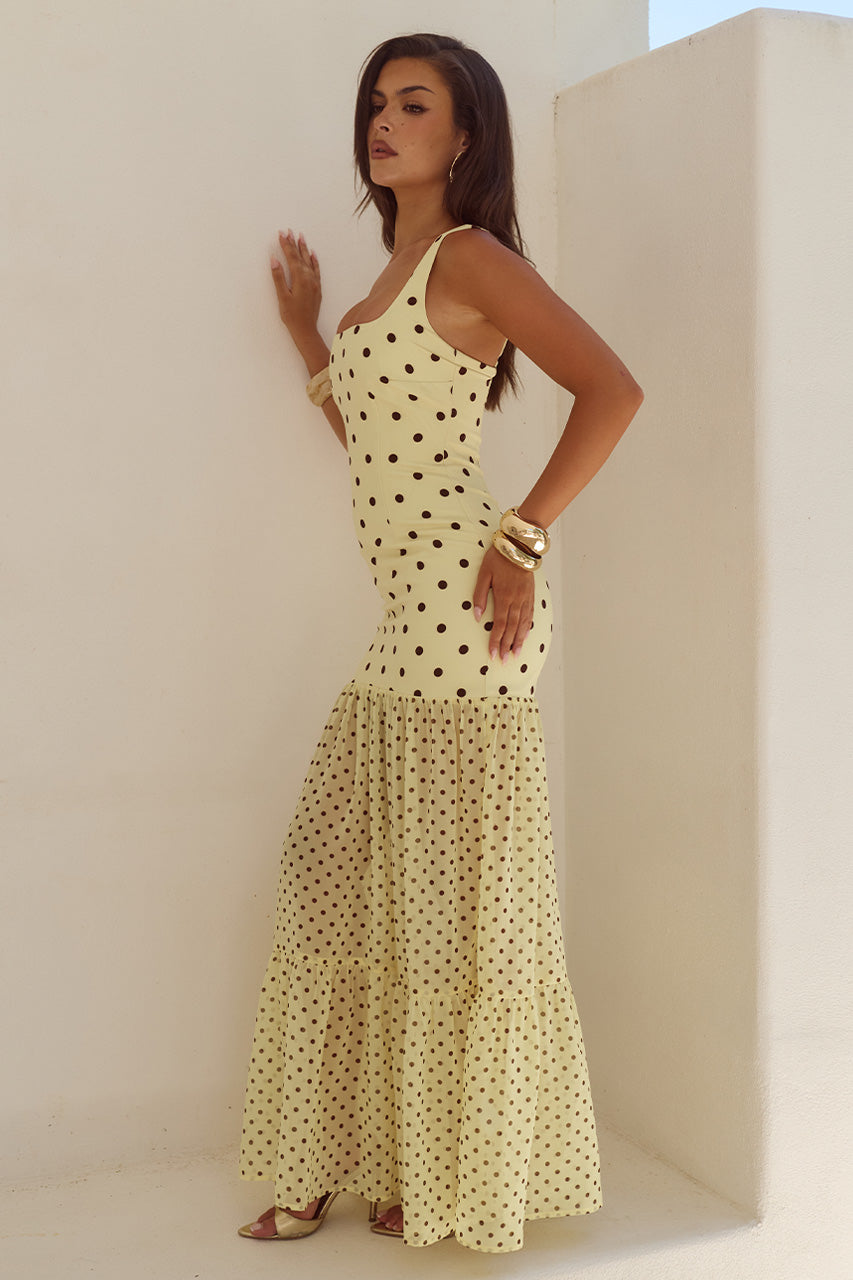 TILLIE SHEER BOTTOM MAXI DRESS - LEMON/CHOC POLKA - TILLIESHEERBOTTOMMAXIDRESS-LEMONCHOCPOLKA-05