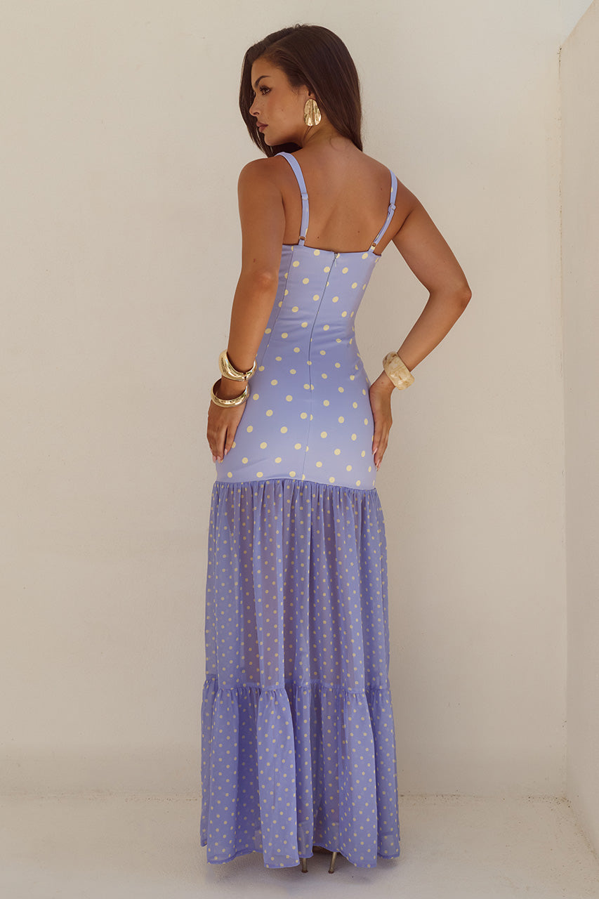 TILLIE SHEER BOTTOM MAXI DRESS - PERIWINKLE/LEMON POLKA