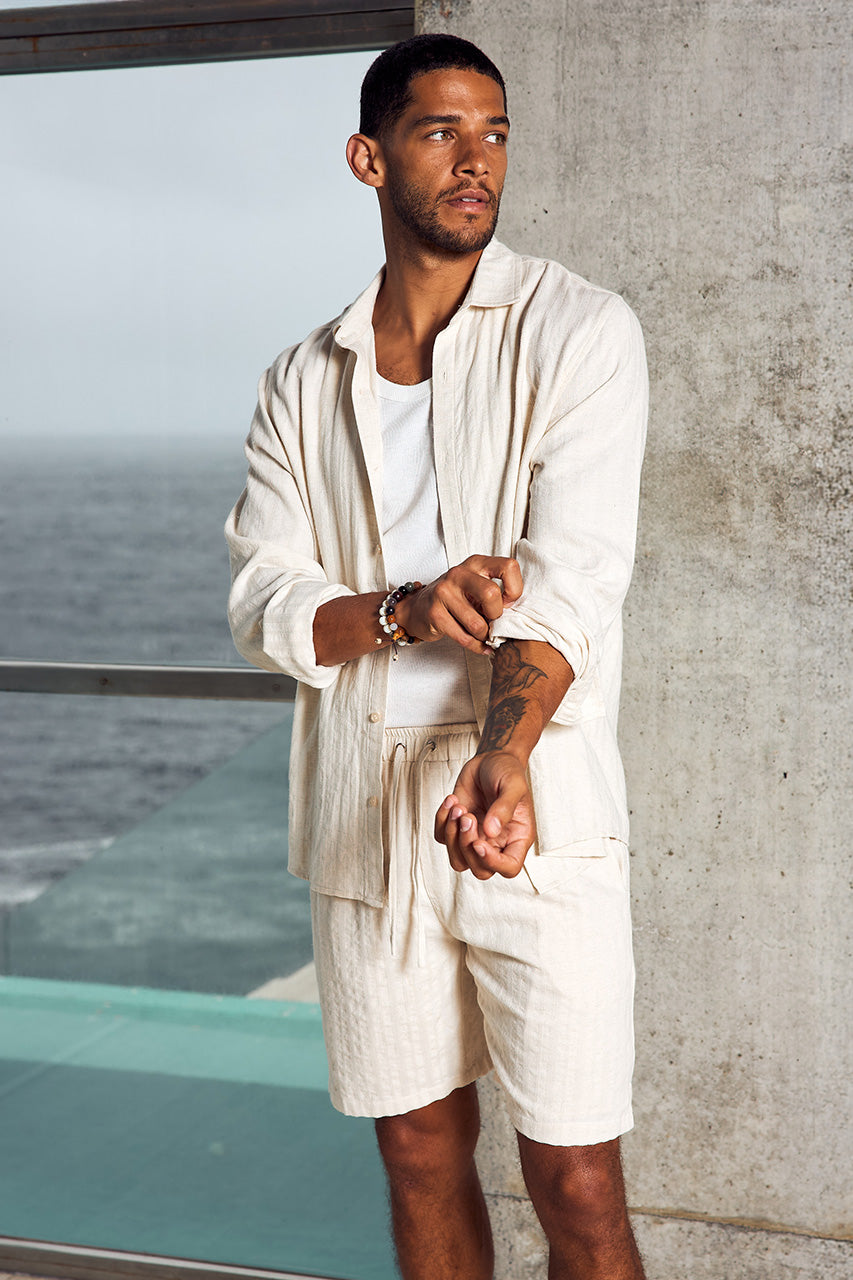 TRISTIAN DRAWSTRING SHORT - SAND/WHITE STRIPE - TRISTIANLONGSLEEVESHIRTXTRISTIANDRAWSTRINGSHORT-SAND_WHITESTRIPE-2