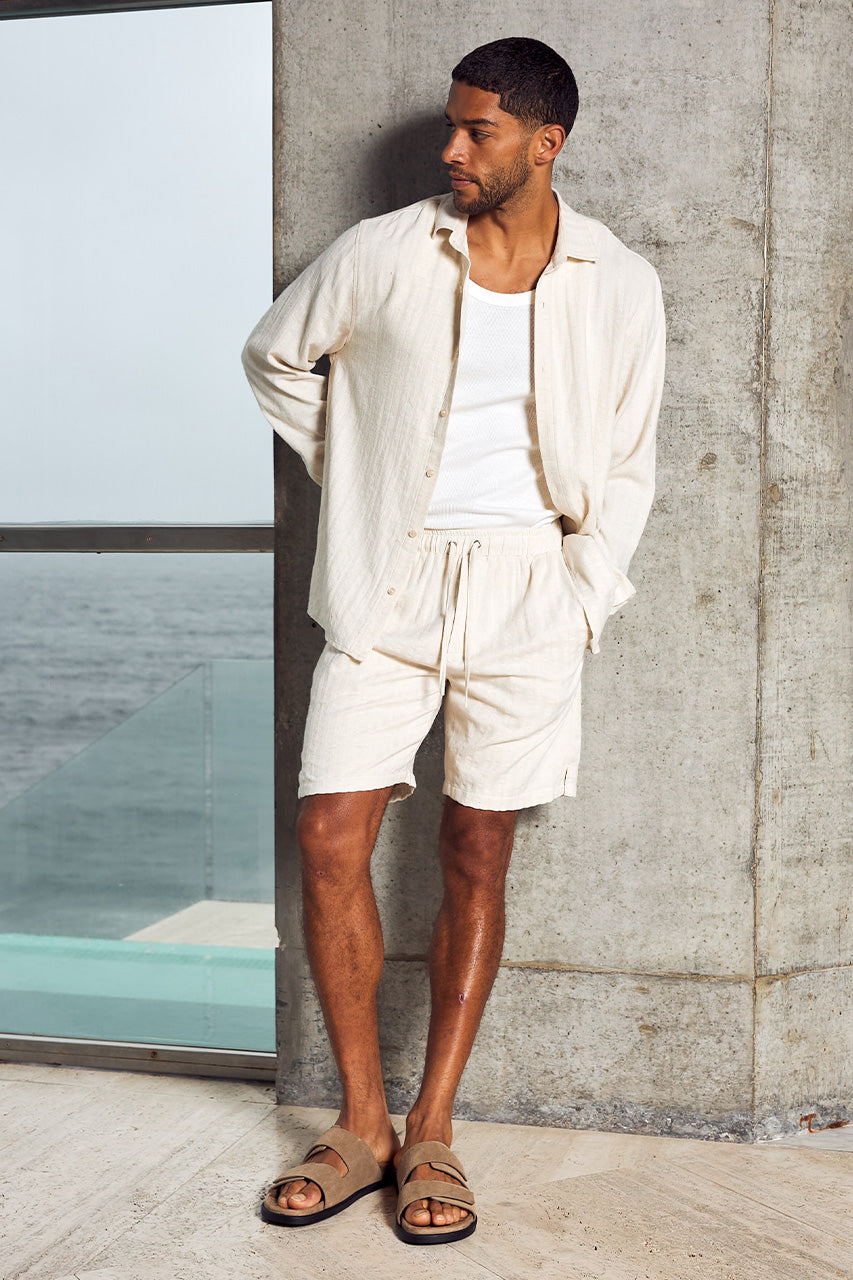 TRISTIAN LONG SLEEVE SHIRT - SAND/WHITE STRIPE