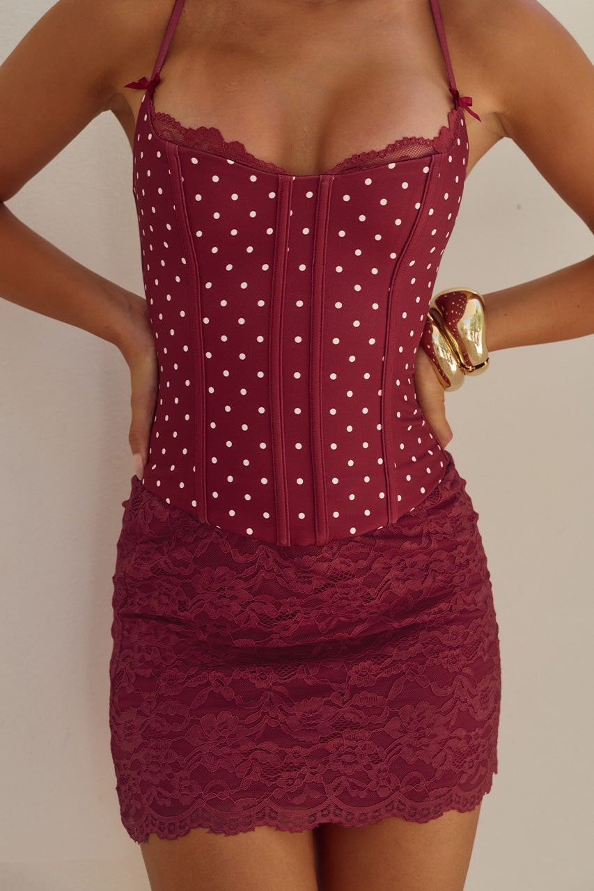 VALERIE LACE TRIM BUSTIER - WINE/WHITE POLKA - VALERIELACETRIMBUSTIER-WINEWHITEPOLKAXVALERIELACEMINISKIRT-WINE-04