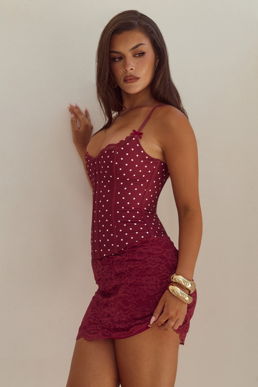 VALERIE LACE TRIM BUSTIER - WINE/WHITE POLKA - VALERIELACETRIMBUSTIER-WINEWHITEPOLKAXVALERIELACEMINISKIRT-WINE-05