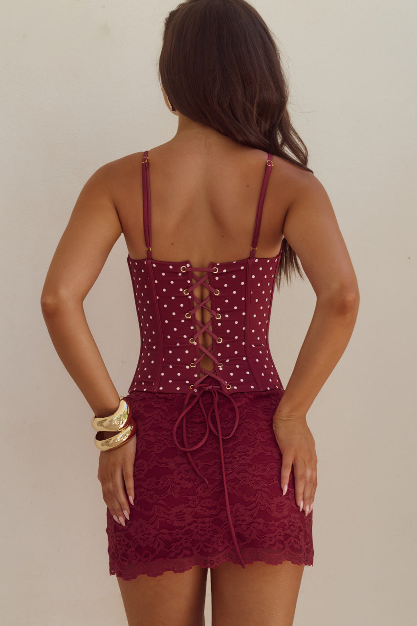 VALERIE LACE MINI SKIRT - WINE - VALERIELACETRIMBUSTIER-WINEWHITEPOLKAXVALERIELACEMINISKIRT-WINE-06