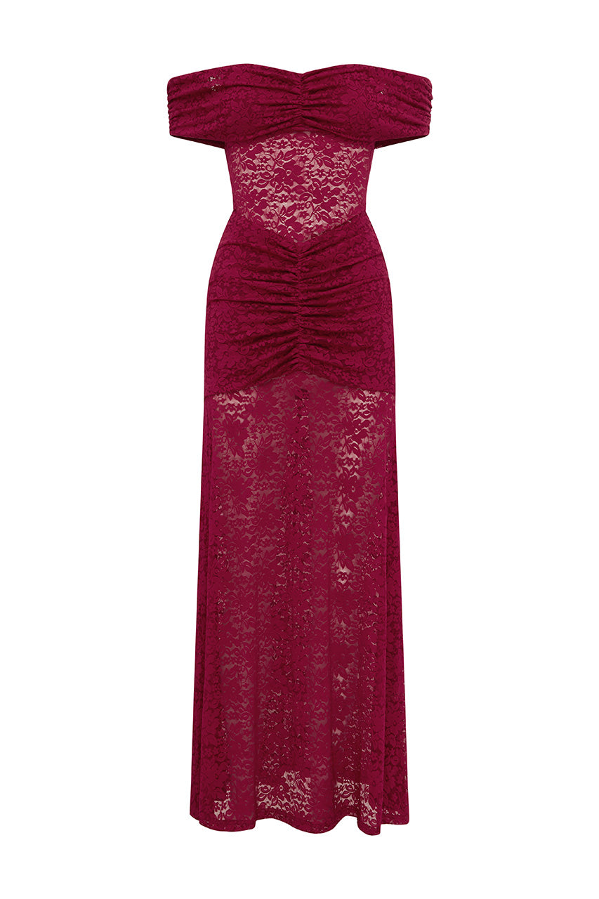 VANEYA OFF SHOULDER LACE MAXI DRESS - BERRY - VANEYAOFFSHOULDERLACEMAXIDRESSBERRY