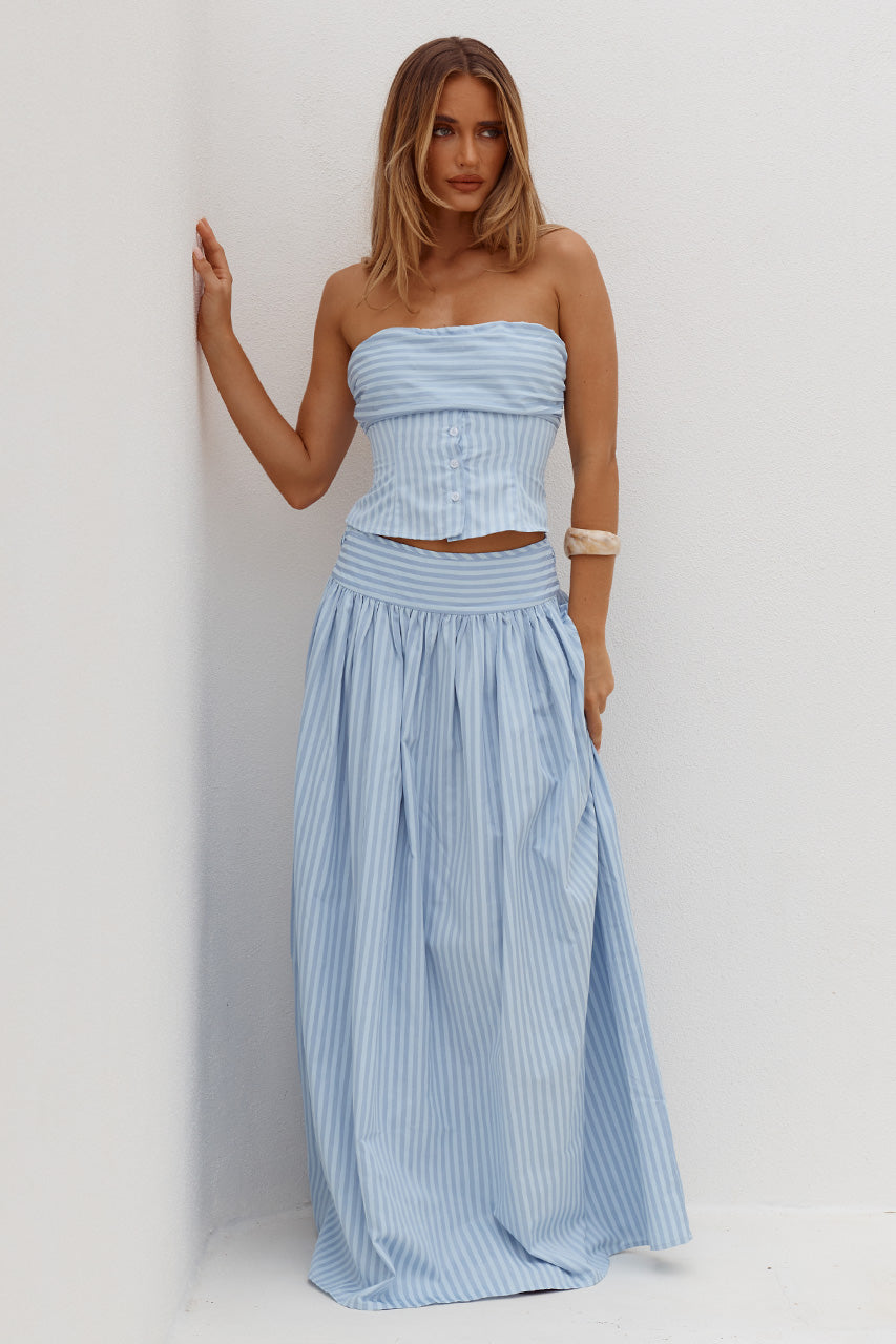 VELORA RUCHED BUST STRAPLESS  TOP - BLUE STRIPE
