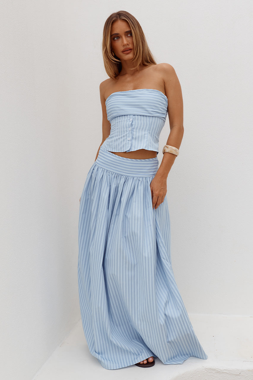 HANNAH SOFT PLEAT A-LINE MAXI SKIRT - BLUE STRIPE - VELORARUCHEDBUSTSTRAPLESSTOPXHANNAHSOFTPLEATA-LINEMAXISKIRT-BLUESTRIPE-2