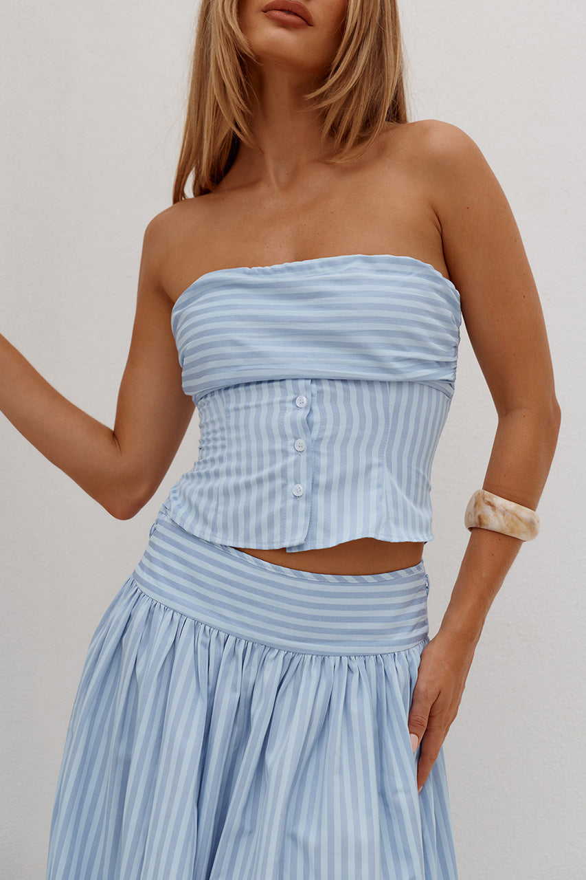 VELORA RUCHED BUST STRAPLESS TOP - BLUE STRIPE - VELORARUCHEDBUSTSTRAPLESSTOPXHANNAHSOFTPLEATA-LINEMAXISKIRT-BLUESTRIPE-3
