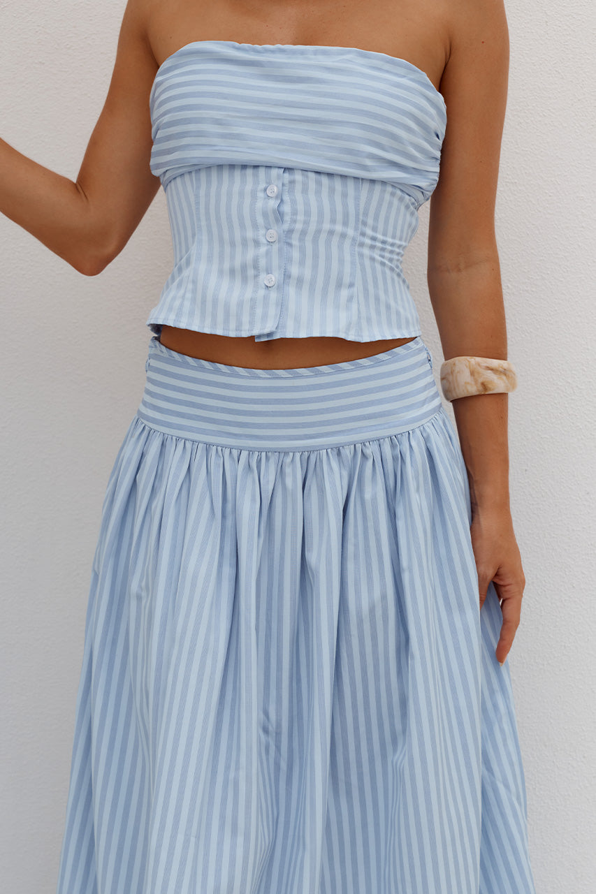 HANNAH SOFT PLEAT A-LINE MAXI SKIRT - BLUE STRIPE - VELORARUCHEDBUSTSTRAPLESSTOPXHANNAHSOFTPLEATA-LINEMAXISKIRT-BLUESTRIPE-4