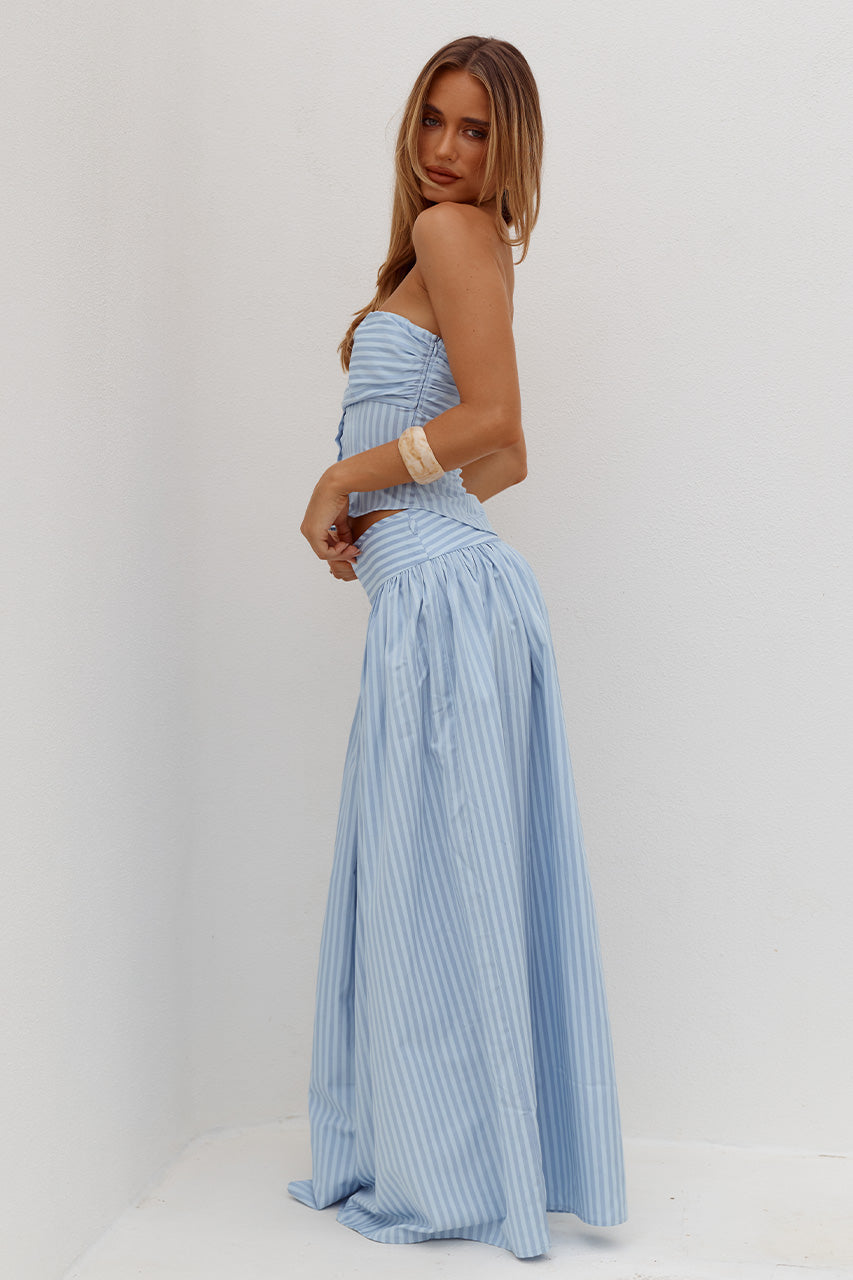HANNAH SOFT PLEAT A-LINE MAXI SKIRT - BLUE STRIPE - VELORARUCHEDBUSTSTRAPLESSTOPXHANNAHSOFTPLEATA-LINEMAXISKIRT-BLUESTRIPE-5