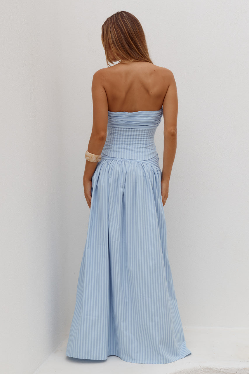 VELORA RUCHED BUST STRAPLESS  TOP - BLUE STRIPE