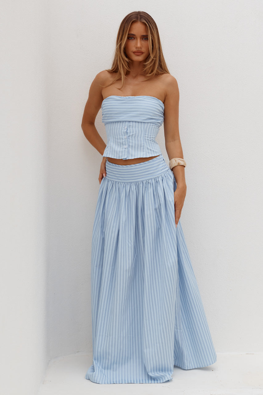 HANNAH SOFT PLEAT A-LINE MAXI SKIRT - BLUE STRIPE XXL - VELORARUCHEDBUSTSTRAPLESSTOPXHANNAHSOFTPLEATA-LINEMAXISKIRT-BLUESTRIPE