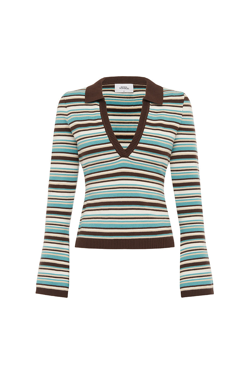 XYLA COLLARED LONG SLEEVE KNIT TOP - XYLA CHOCOLATE STRIPE - XYLACOLLAREDLONGSLEEVEKNITTOP-XYLACHOCOLATESTRIPE