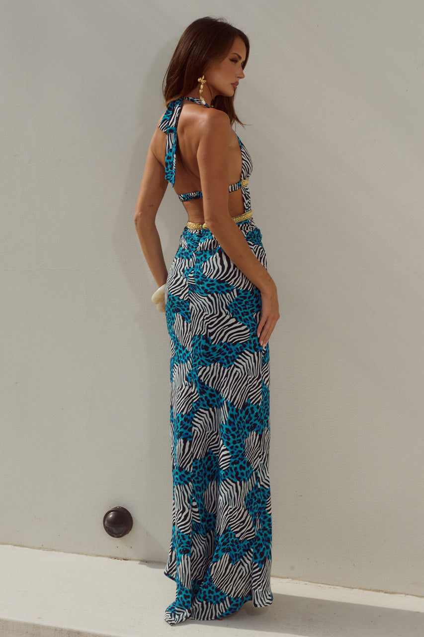 XYLIA HALTER LOW PLUNGE MAXI DRESS - DANTE TEAL