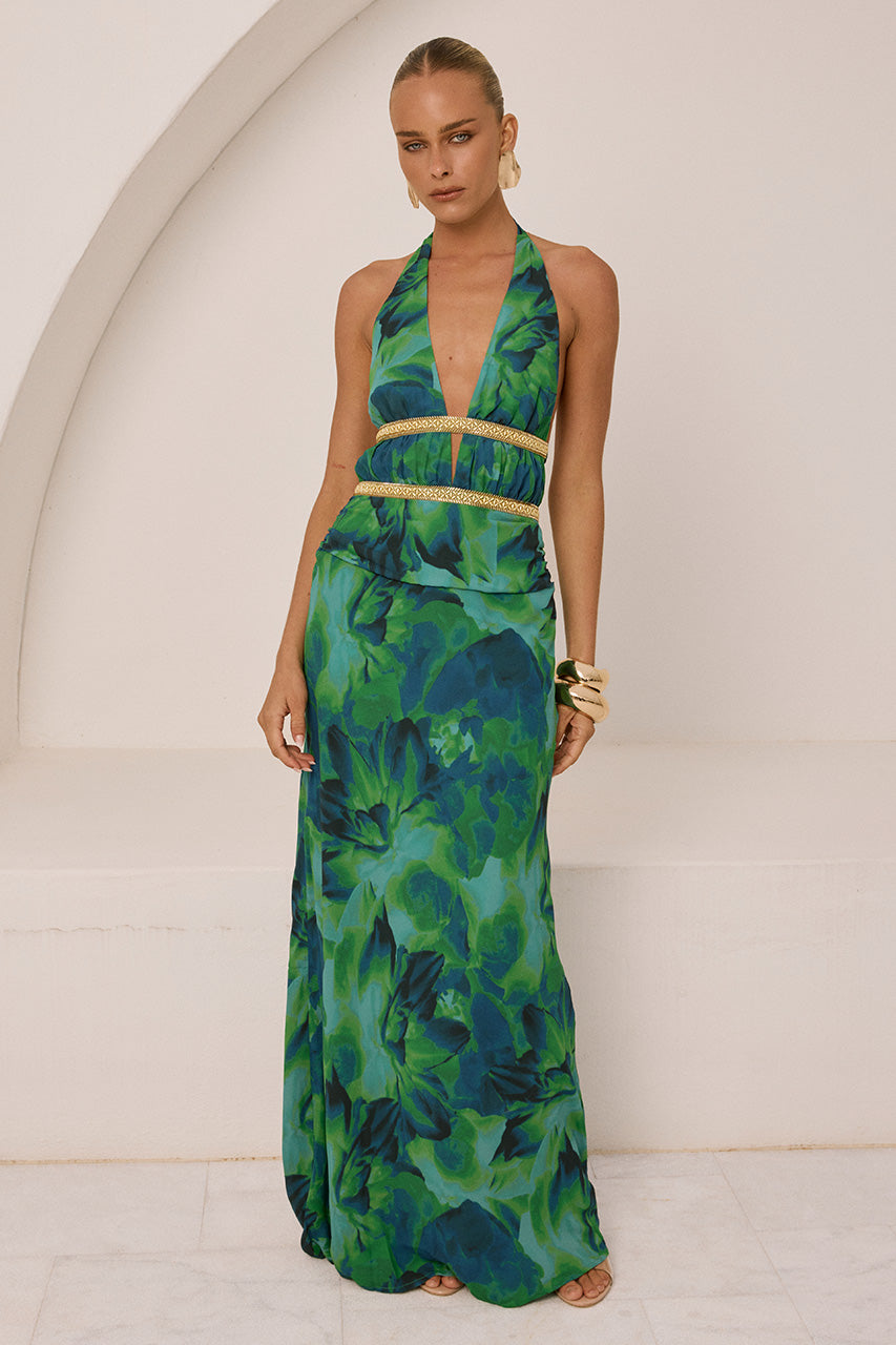XYLIA HALTER LOW PLUNGE MAXI DRESS - CALISTA GREEN