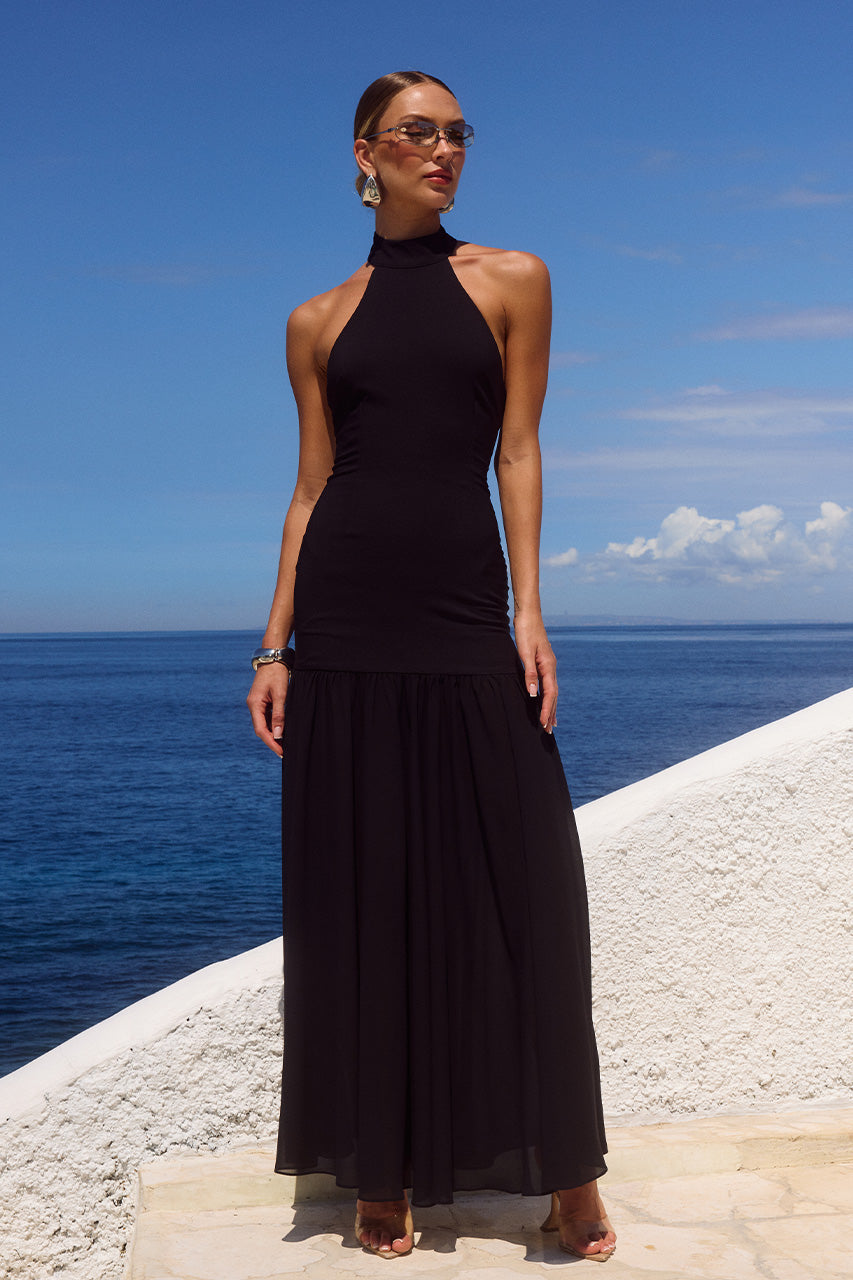 YAZMIN HALTER MAXI DRESS - BLACK
