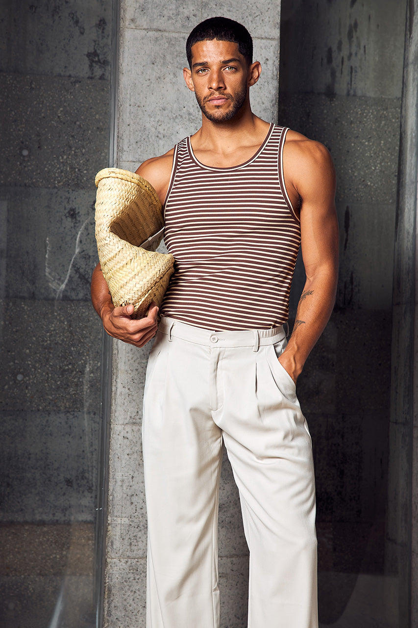 ZAIN RIBBED SINGLET - CHOC STRIPE