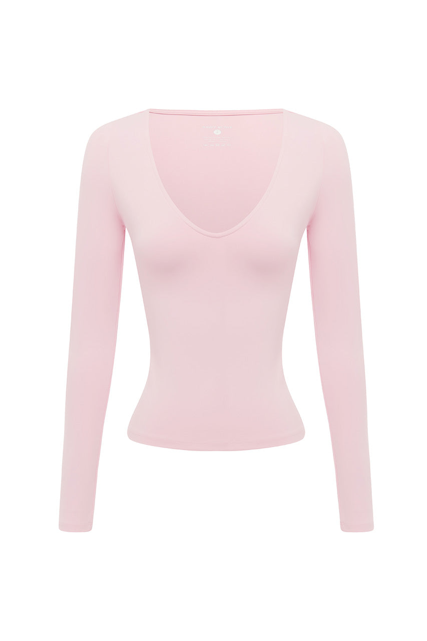 ZELDA LOW V-NECK LONG SLEEVE TOP - BALLET PINK - ZELDALOWV-NECKLONGSLEEVETOP-BALLETPINK-0