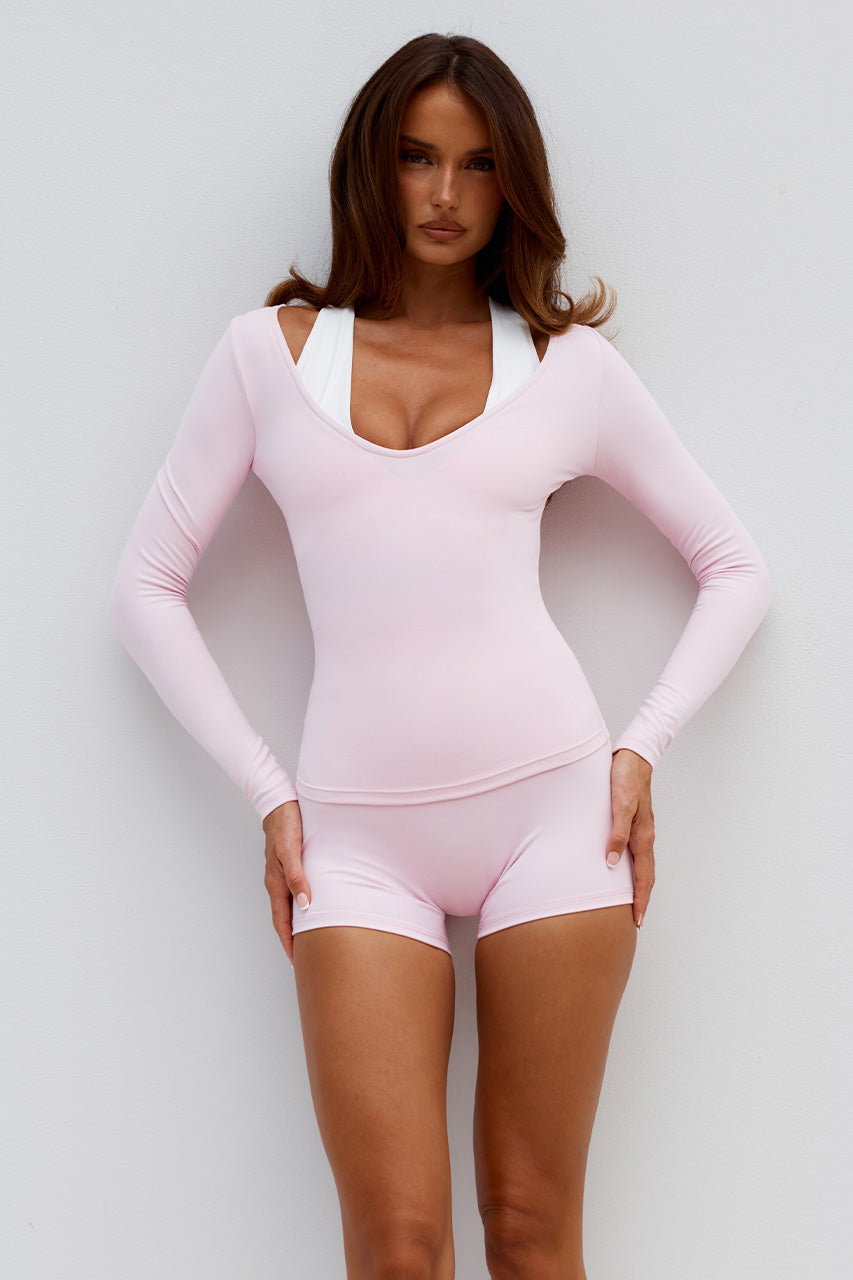 ZELDA LOW V-NECK LONG SLEEVE TOP - BALLET PINK - ZELDALOWV-NECKLONGSLEEVETOPxZENCONTOURBIKESHORTS-BALLETPINKxELLEV-NECKPLUNGETWISTSPORTSBRA-CREAM-05