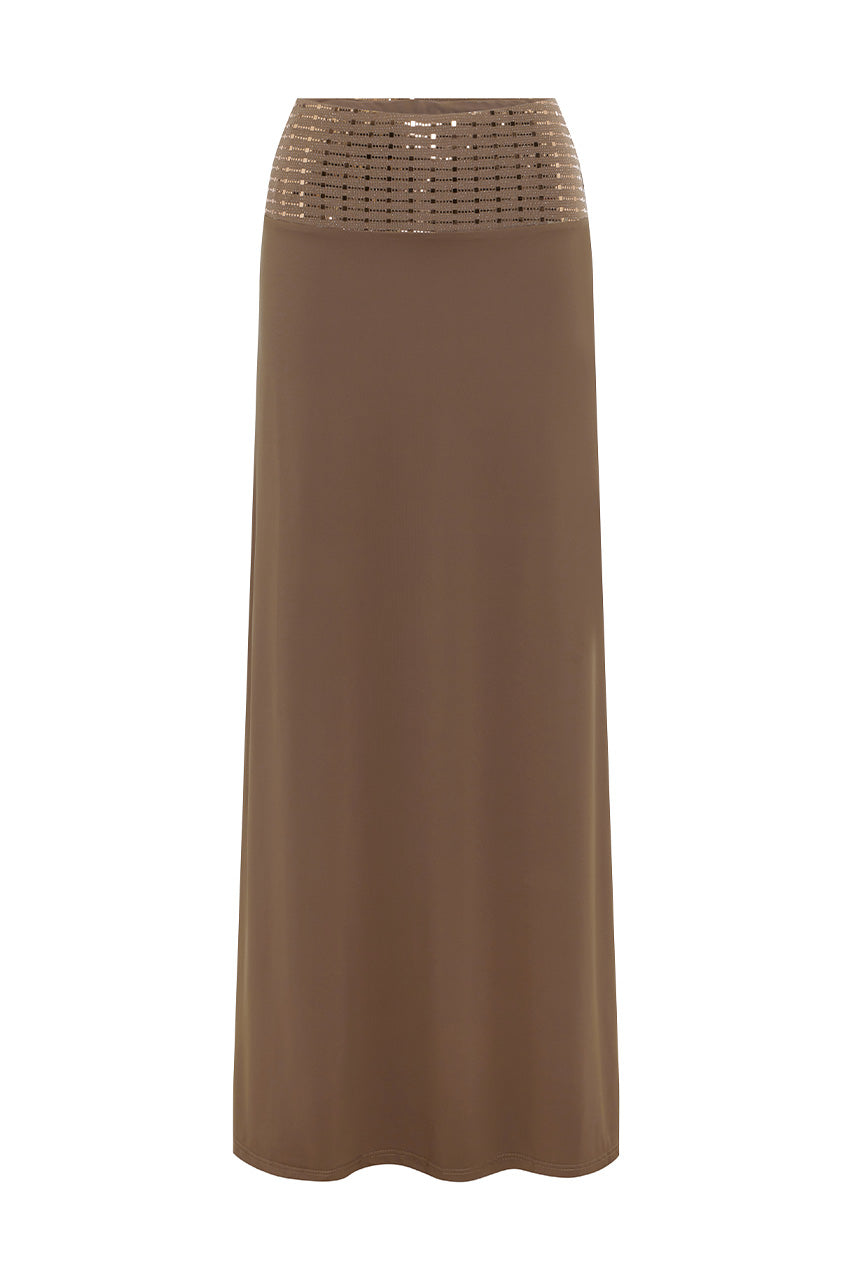 ZIVA SEQUIN WAISTBAND MAXI SKIRT - BRONZE - ZIVASEQUINWAISTBANDMAXISKIRT-BRONZE