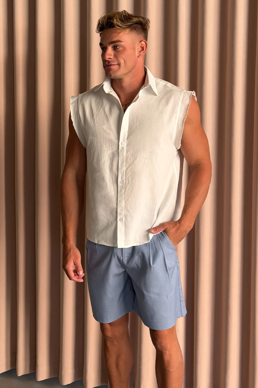 ROMAN SLEEVELESS SHIRT - WHITE - cal.davee-ROMANSLEEVELESSSHIRT-WHITExORLANDOSHORTSBLUE